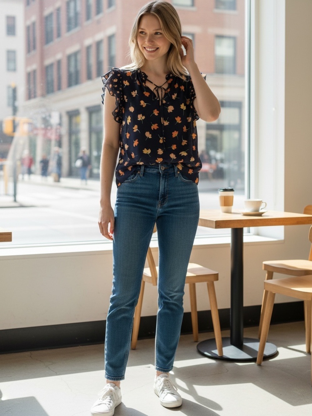 Cabi Navy Sheer Floral Ruffle Sleeve Blouse Small Tie Neck
